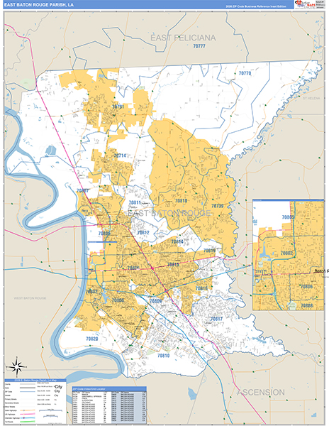 E. Baton Rouge Parish (County), LA Zip Code Wall Map